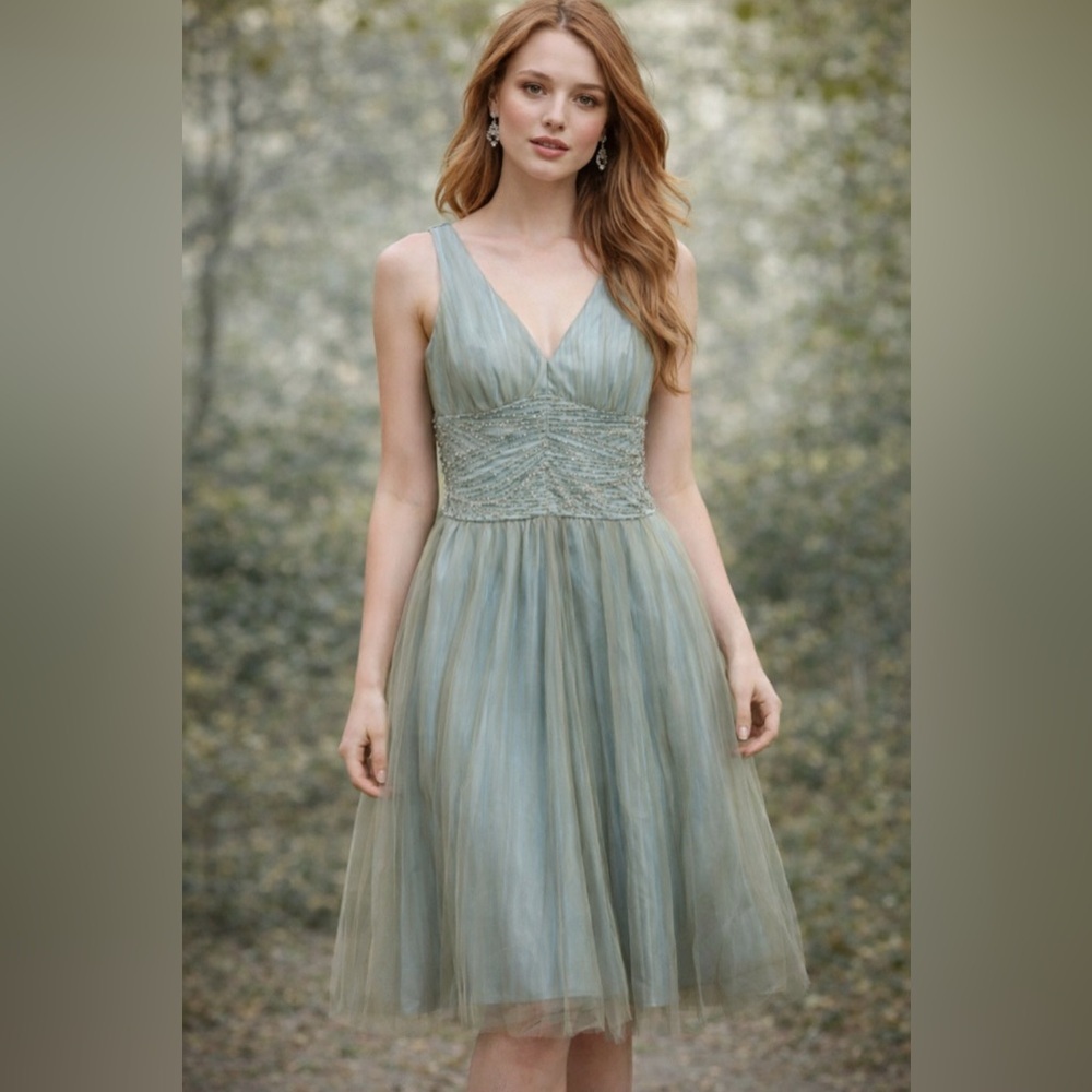 VTG Y2K JS Boutique Beaded Dres Size 8 Lace ‎ fairy Teal Babydoll Hoco Romantic